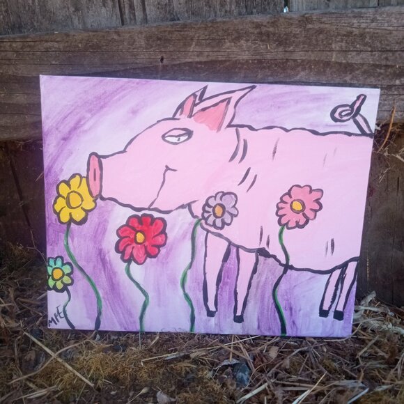 Pig In Flowers Folk Art Painting - Picture 12 of 15
